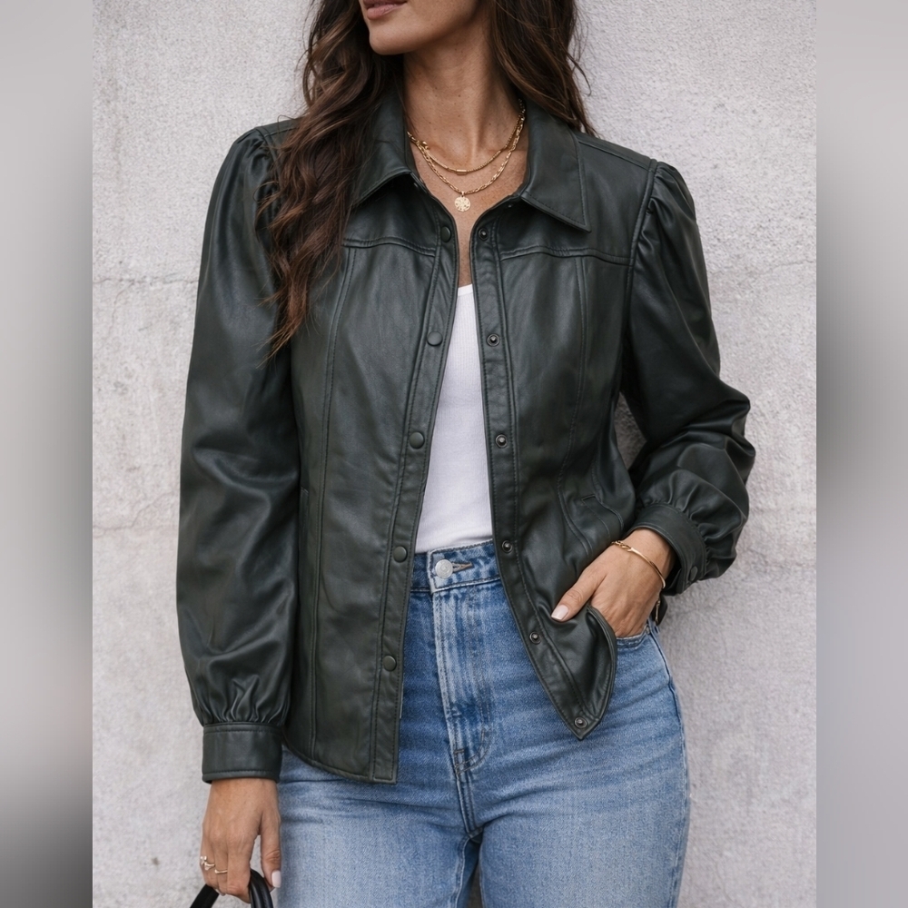 Women’s Dark Green Faux Leather Button-Front Jacket